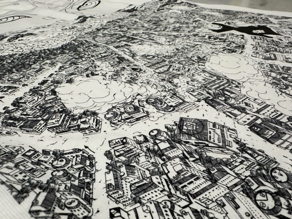 Detalle de la estampación: la ciudad dibujada línea a línea