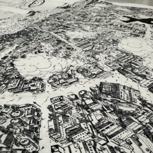 Detalle de la estampación: la ciudad dibujada línea a línea